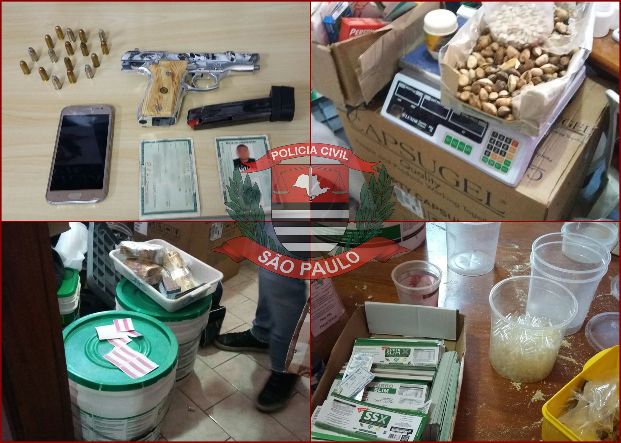 Arma e produtos apreendidos